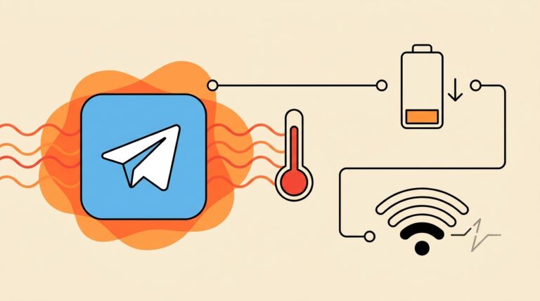 Иллюстрация: значок Telegram с волнами тепла, разряженная батарея и слабый сигнал Wi-Fi